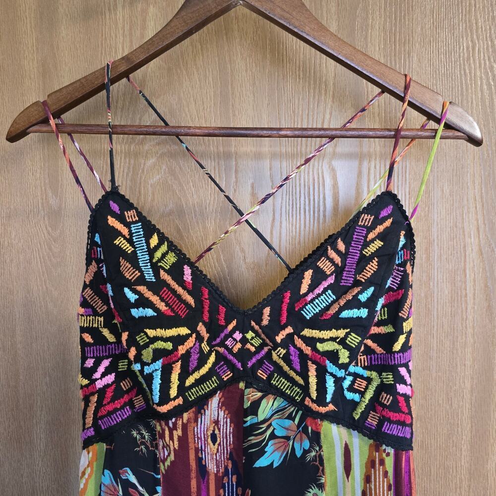 Anthropologie Multi Print V Neck Embroidered Geometric Maxi Dress - Picture 5 of 14
